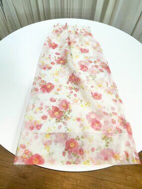 Vintage 70s curtain, large pink yellow flowers, sheer floral, single panel